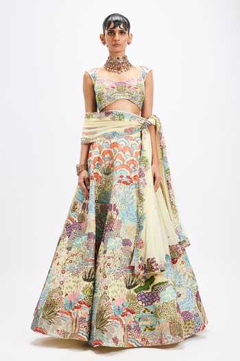 Buy_Aisha Rao_Ivory Satin, Tulle Square Neck Belleau Printed And Embellished Lehenga Set _at_Aza_Fashions