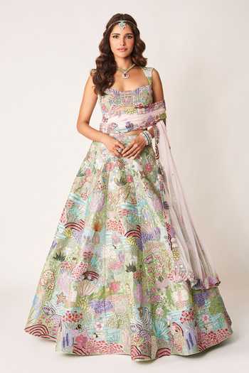 Buy_Aisha Rao_Green Tissue, Tulle Sweetheart Neck Belladone Applique Lehenga Set _at_Aza_Fashions