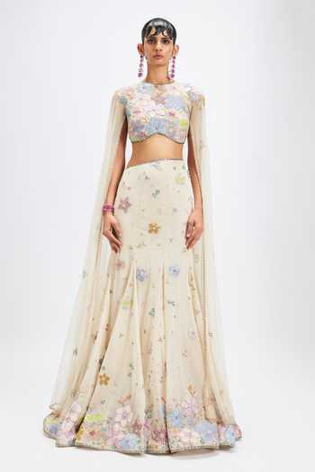 Buy_Aisha Rao_Ivory Georgette, Tulle Round Neck Ivorelle Mermaid Lehenga With Blouse _at_Aza_Fashions