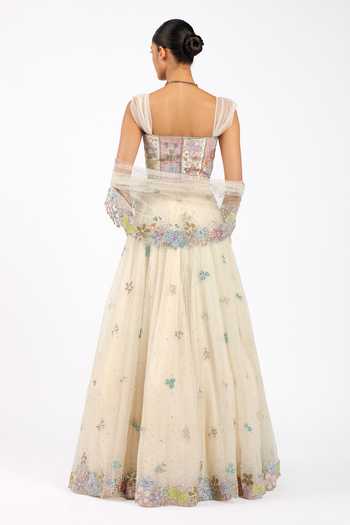 Shop_Aisha Rao_Ivory Silk, Tulle Square Neck Azalee Saree Lehenga Set _at_Aza_Fashions