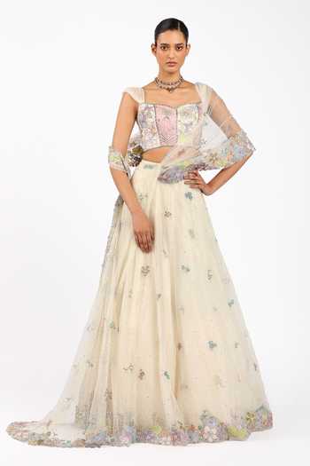 Buy_Aisha Rao_Ivory Silk, Tulle Square Neck Azalee Saree Lehenga Set _at_Aza_Fashions