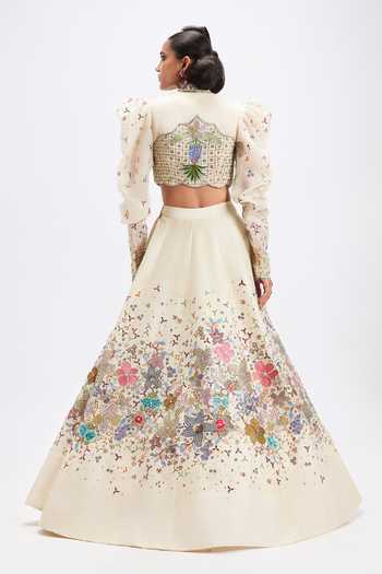 Shop_Aisha Rao_Ivory Silk, Organza Open , Bandeau Tenebra Shell Raw Lehenga Set _at_Aza_Fashions
