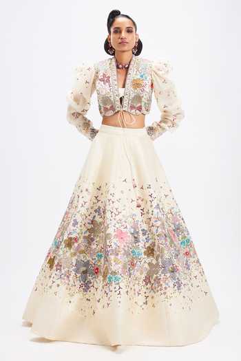 Buy_Aisha Rao_Ivory Silk, Organza Open , Bandeau Tenebra Shell Raw Lehenga Set _at_Aza_Fashions