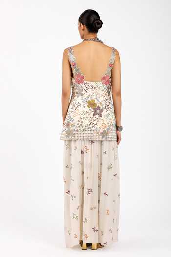 Shop_Aisha Rao_Ivory Satin, Chiffon, Silk V-neck Silene Skirt Set _at_Aza_Fashions