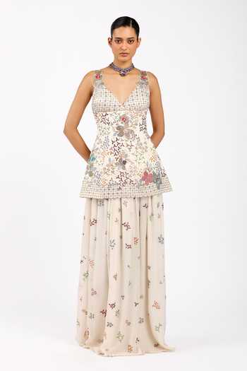 Buy_Aisha Rao_Ivory Satin, Chiffon, Silk V-neck Silene Skirt Set _at_Aza_Fashions