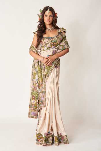 Buy_Aisha Rao_Ivory Organza, Crepe Square Neck Shinora Embroidered Saree With Blouse _at_Aza_Fashions