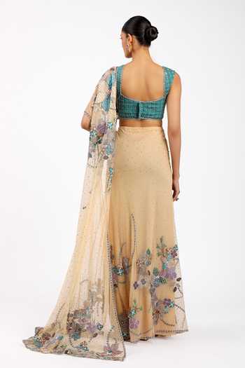 Shop_Aisha Rao_Beige Tulle Sweetheart Neck Stella Bisque Pre-draped Saree Set _at_Aza_Fashions