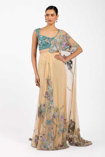 Buy_Aisha Rao_Beige Tulle Sweetheart Neck Stella Bisque Pre-draped Saree Set _at_Aza_Fashions
