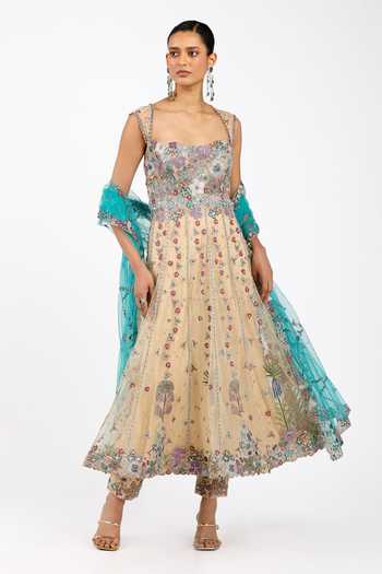 Buy_Aisha Rao_Beige Satin, Tulle, Silk Square Neck Deliane Bisque Anarkali Set _at_Aza_Fashions
