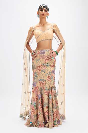 Buy_Aisha Rao_Beige Tulle Sweetheart Neck Dunefleur Mermaid Lehenga Set _at_Aza_Fashions