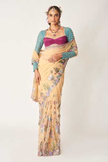 Buy_Aisha Rao_Beige Crepe, Tulle Sweetheart Neck Celia Bisque Saree With Blouse _at_Aza_Fashions