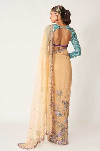 Shop_Aisha Rao_Beige Crepe, Tulle Sweetheart Neck Celia Bisque Saree With Blouse _at_Aza_Fashions