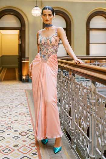 Buy_Aisha Rao_Pink Satin, Net, Tulle, Silk Applique Sweetheart Westara Cherry Blossom Gown _at_Aza_Fashions