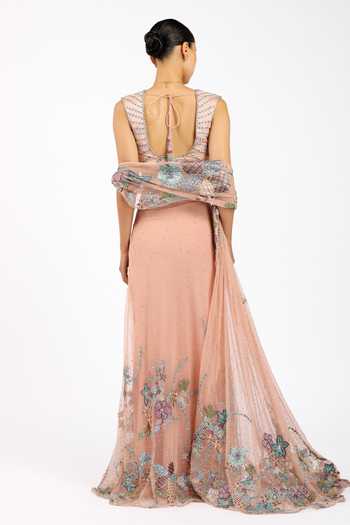Aisha Rao_Peach Satin, Tulle, Silk Square Neck Percilia Pre-draped Saree With Blouse _Online_at_Aza_Fashions