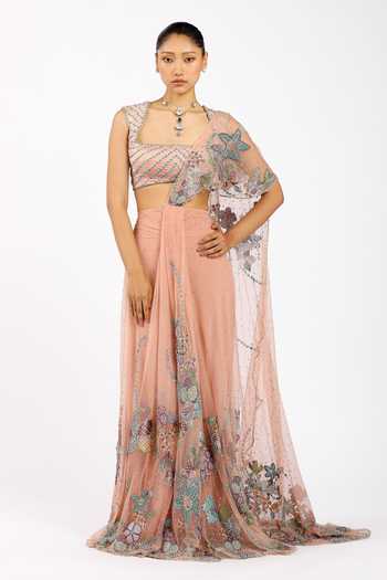 Buy_Aisha Rao_Peach Satin, Tulle, Silk Square Neck Percilia Pre-draped Saree With Blouse _at_Aza_Fashions