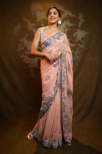 Buy_Aisha Rao_Peach Georgette Square Neck Edelise Saree With Blouse _at_Aza_Fashions