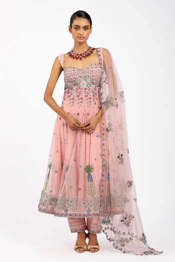 Buy_Aisha Rao_Pink Tulle, Chanderi Silk Sweetheart Neck Peonisse Baby Anarkali Set _at_Aza_Fashions