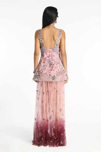 Shop_Aisha Rao_Pink Satin, Tulle, Silk V-neck Silene Baby Tunic And Sheer Skirt Set _at_Aza_Fashions
