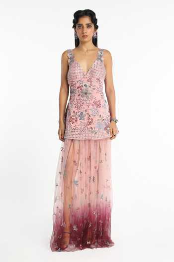 Buy_Aisha Rao_Pink Satin, Tulle, Silk V-neck Silene Baby Tunic And Sheer Skirt Set _at_Aza_Fashions
