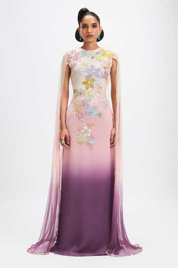 Buy_Aisha Rao_Pink Georgette Applique High Neck Mandevilla Dusk Gown _at_Aza_Fashions
