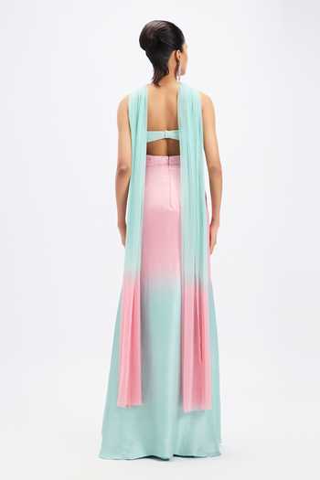 Shop_Aisha Rao_Pink Silk, Dupion Applique Halter Neck Geranium Aqua Ombre Gown _at_Aza_Fashions