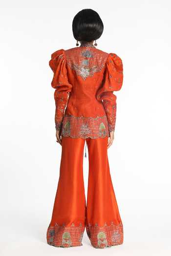 Shop_Aisha Rao_Orange Silk, Organza, Dupion Open Neck, Ailante Burnt Jacket Pant Set _at_Aza_Fashions