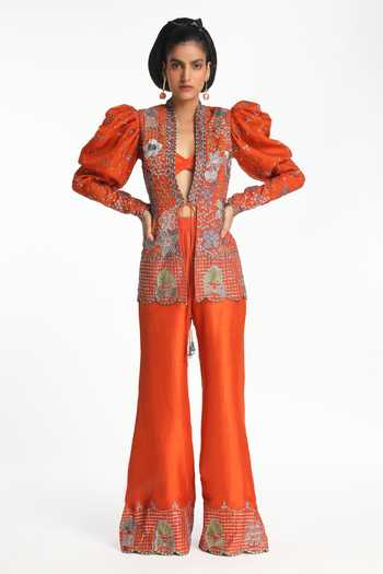Buy_Aisha Rao_Orange Silk, Organza, Dupion Open Neck, Ailante Burnt Jacket Pant Set _at_Aza_Fashions