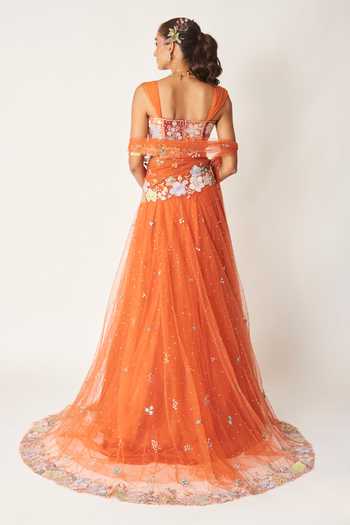 Aisha Rao_Orange Silk, Tulle Sweetheart Neck Azalee Saree Lehenga Set _Online_at_Aza_Fashions