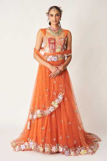 Buy_Aisha Rao_Orange Silk, Tulle Sweetheart Neck Azalee Saree Lehenga Set _at_Aza_Fashions