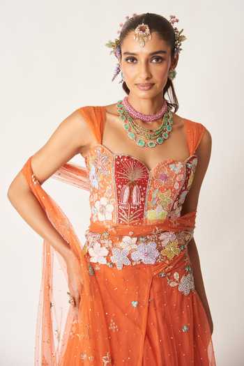 Aisha Rao_Orange Silk, Tulle Sweetheart Neck Azalee Saree Lehenga Set _at_Aza_Fashions