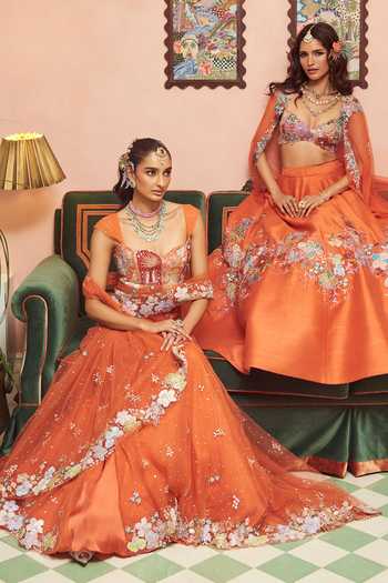 Buy_Aisha Rao_Orange Silk, Tulle Sweetheart Neck Azalee Saree Lehenga Set 