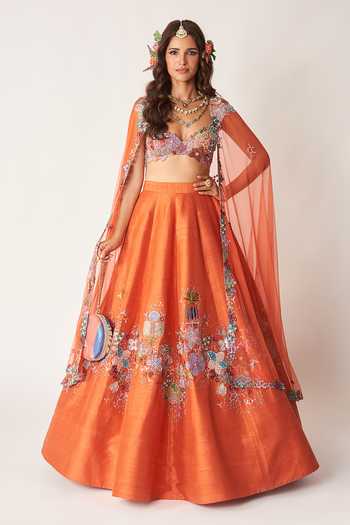 Buy_Aisha Rao_Orange Silk, Tulle Sweetheart Neck Valeria Applique Work Lehenga Set _at_Aza_Fashions
