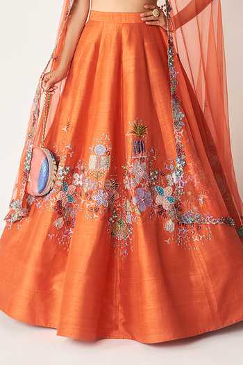 Aisha Rao_Orange Silk, Tulle Sweetheart Neck Valeria Applique Work Lehenga Set _at_Aza_Fashions