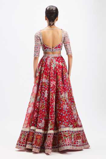 Shop_Aisha Rao_Red Organza, Tulle Sweetheart Neck Rubisette Applique Work Lehenga Set _at_Aza_Fashions