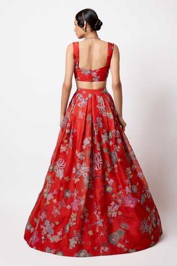 Shop_Aisha Rao_Red Organza, Tulle Sweetheart Neck Ambrosia Pleated Lehenga Set _at_Aza_Fashions