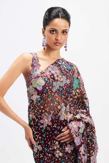 Aisha Rao_Purple Tulle V-neck Noira Plum Saree With Blouse _Online_at_Aza_Fashions