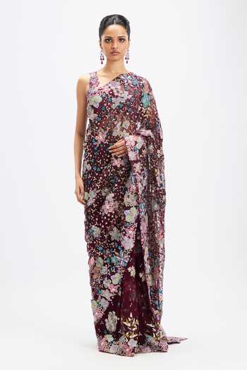 Buy_Aisha Rao_Purple Tulle V-neck Noira Plum Saree With Blouse _at_Aza_Fashions