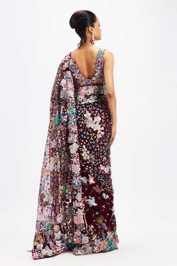 Shop_Aisha Rao_Purple Tulle V-neck Noira Plum Saree With Blouse _at_Aza_Fashions