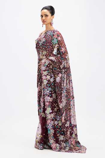 Buy_Aisha Rao_Purple Tulle V-neck Noira Plum Saree With Blouse _Online_at_Aza_Fashions