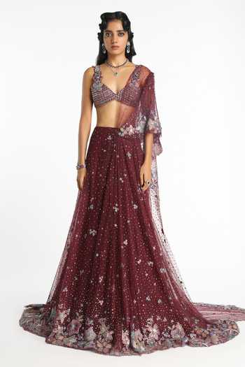 Buy_Aisha Rao_Maroon Tulle V-neck Mireille Lehenga Saree Set _at_Aza_Fashions
