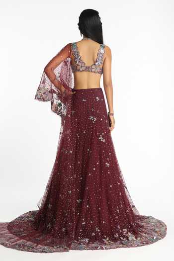 Shop_Aisha Rao_Maroon Tulle V-neck Mireille Lehenga Saree Set _at_Aza_Fashions