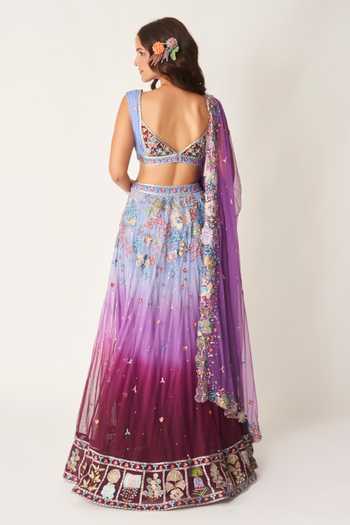 Shop_Aisha Rao_Blue Tulle Sweetheart Neck Mirabelle Plum Lehenga Set _at_Aza_Fashions