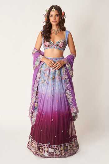Buy_Aisha Rao_Blue Tulle Sweetheart Neck Mirabelle Plum Lehenga Set _at_Aza_Fashions