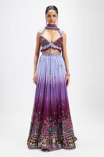Buy_Aisha Rao_Purple Tulle Sweetheart Neck Ametrine Plum Dusk Blue Lehenga Set _at_Aza_Fashions