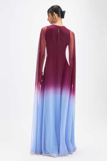 Shop_Aisha Rao_Blue Georgette Applique Round Neck Mandevina Plum Cape Gown _at_Aza_Fashions
