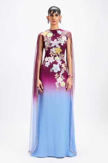 Buy_Aisha Rao_Blue Georgette Applique Round Neck Mandevina Plum Cape Gown _at_Aza_Fashions