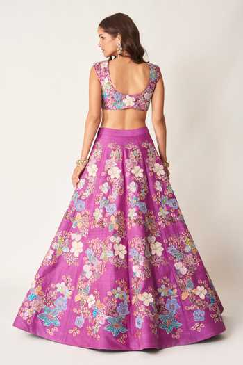 Shop_Aisha Rao_Purple Silk, Tulle Sweetheart Neck Aubrielle Raw Lehenga Set _at_Aza_Fashions