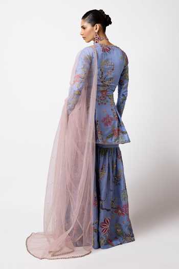 Shop_Aisha Rao_Blue Organza, Tulle Square Neck Siranee Cornflower Gharara Set _at_Aza_Fashions