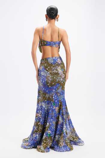 Shop_Aisha Rao_Blue Georgette, Lurex Asymmetric Amaryllis Olive Sequin Fishtail Skirt Set _at_Aza_Fashions