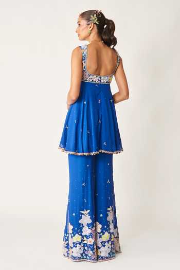 Shop_Aisha Rao_Blue Georgette, Tulle Square Neck, Yes Bleuciel Persian Sharara Set _at_Aza_Fashions